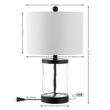 Alexander 21" Modern Designer Iron/Water Glass LED Table Lamp with USB Charging Port - JONATHAN Y